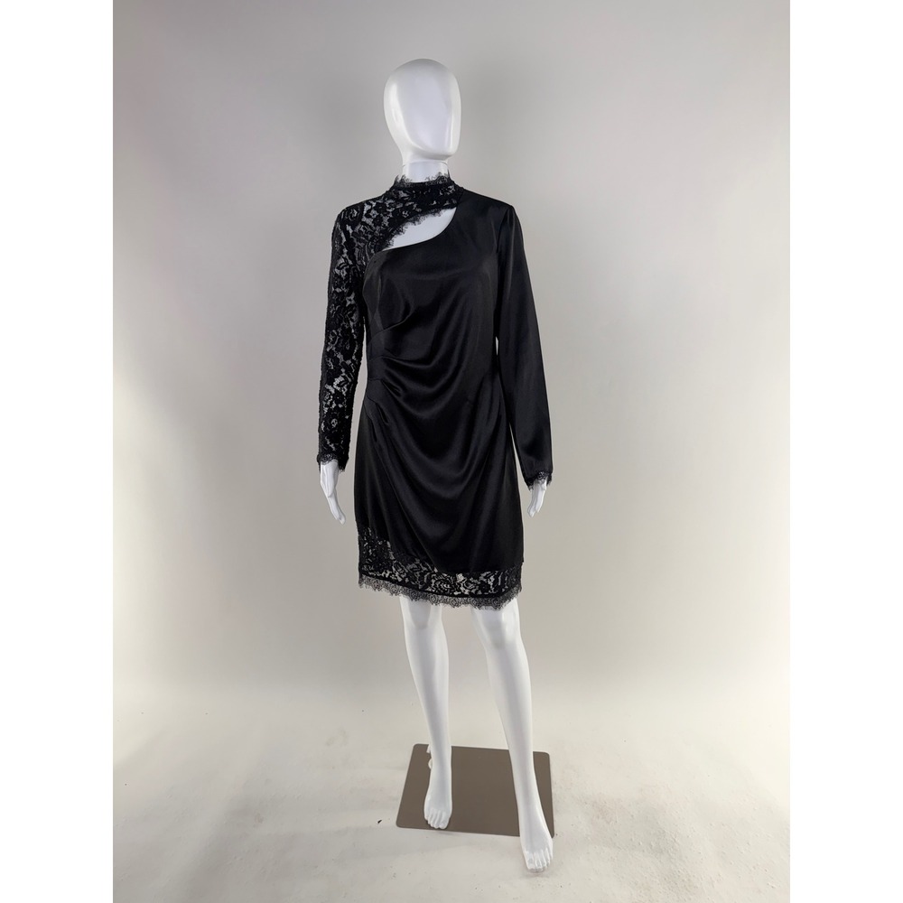 Aidan Mattox Black Lace Detail One Shoulder Ruched Cocktail Dress Size 12 - Picture 3 of 10